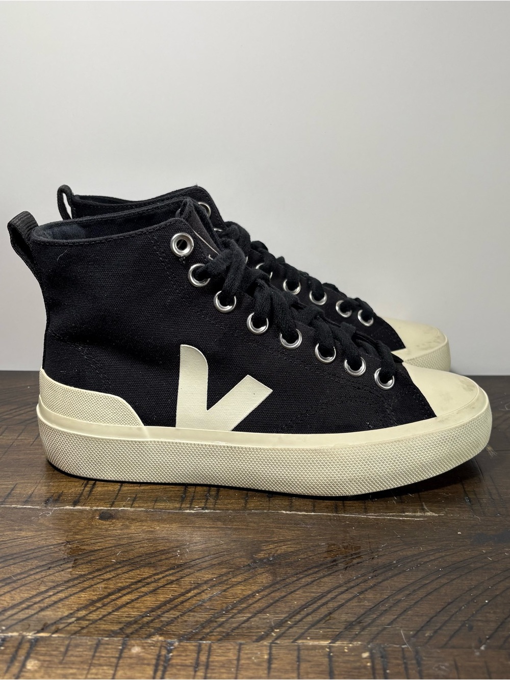 Veja High-Top Canvas Sneaker in Black and Cream